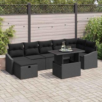 vidaXL Conjunto De Sof&aacute; De Jard&iacute;n 8 Pcs Negro Rat&aacute;n Sint&eacute;tico