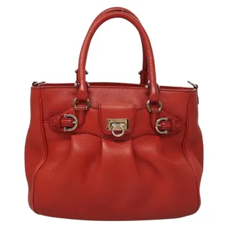 Ferragamo Gancini Handle Tote Leather Red Leather Handbag (Pre-Owned)