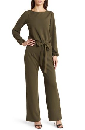 Nikki Lund Joy Long Sleeve Tie Waist Jumpsuit in Olive at Nordstrom, Size X-Large