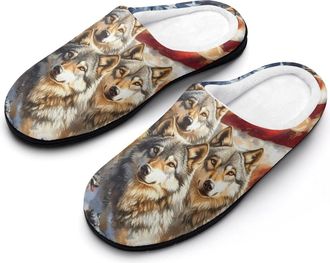Generic Wolf with U.S. Flag Cotton Slippers for Women Indoor Outdoor Slipper Slip-On Memory Foam Home Shoes