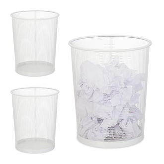 Relaxdays Set 3 Papeleras De Metal Enrejado, Cubo Papeles Dormitorio, Sin Tapa, Cesto Residuos Pl&aacute;stico, 35 X 29,5 Cm, Blanco
