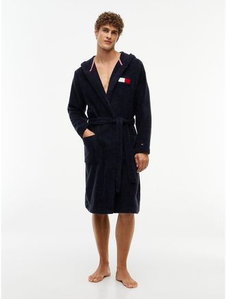 Tommy Hilfiger Mens Hooded Toweling Bathrobe - Navy Blue - XL