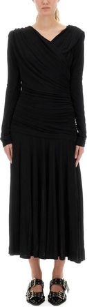 Ganni Black V Neck Midi Dress