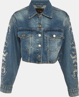 Maje Blue Denim Embellished Cropped Jacket