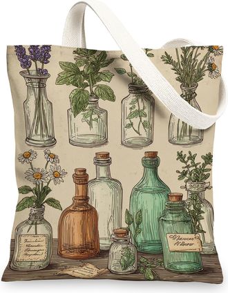 Generic Herbal Canvas Tote Bag, Vintage Reusable Grocery Bags, Linen Lightweight Green Shoulder Strap Bags 13x15 Inch