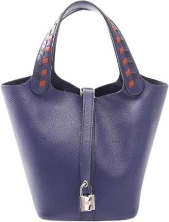 Herm&egrave;s Pre-owned Picotin Handbag - Dames - Vintage Tas - Blauw - ONE Size - Leer - Vintage