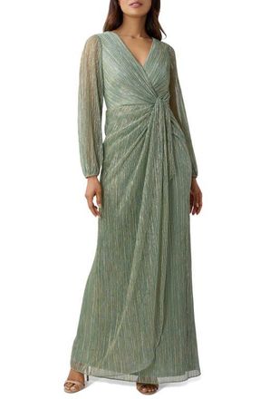 Adrianna Papell Metallic Long Sleeve Mesh Evening Gown in Green Slate at Nordstrom, Size 4