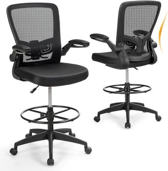 Costway Costway Silla Escritorio Con Respaldo Alto, Silla Oficina Reposabrazos Abatibles De 90&deg;y Anillo De Reposapi&eacute;s, Altura Ajustable, Cadeira Escritorio Gi