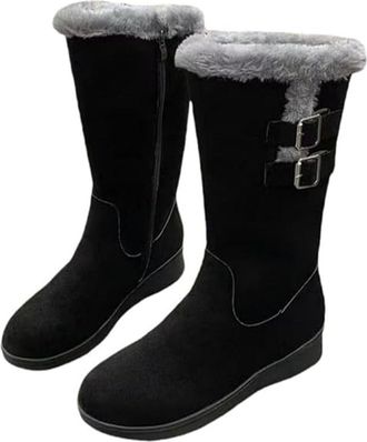 Generic Womens Soft Warm Fur Lining Casual Long Boots, Non Slip Mid Calf Snow Boots with Side Zipper, Solid Color Plush Lined Winter Booties (Black,3.5)