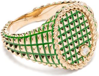 Yvonne Léon 9K Yellow Gold Studded Diamond Signet Ring - Womens - 9kt Yellow Gold/Enamel/Diamond