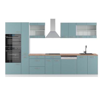 Vicco Mueble De Cocina R-line, Azul-gris-blanco, 350 Cm Con Armario Alto, Et Roble