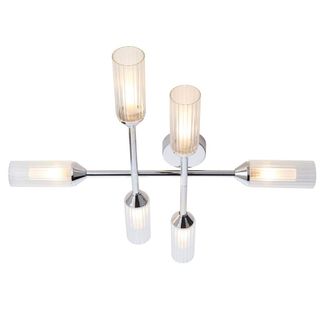 Loops Chrome Semi Flush Bathroom Ceiling Light - Ribbed & Frosted Glass - 6 Bulb in Clear