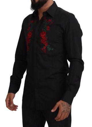 Dolce & Gabbana Black Floral Embroidery Men Long Sleeves Gold Shirt Cotton