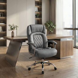 Costway Costway PU Leather Office Chair Padded Modern Executive Chair Computer Desk in Grey