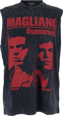 Dsquared2 d2 X Magliano Black Crew Neck Top With Logo Lettering And Front Print In Cotton Man