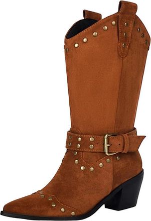 Generic Womens Mid Calf Boots Suede Slip On Rivet Decor Riding Style Long Booties