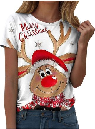 Generic Christmas Tshirts Women Xmas Tops Ladies Snowflake Christmas Printed Round Neck Short Sleeved T Shirt Top Tunic Shirts Funny Xmas Tree Cute Print Blou