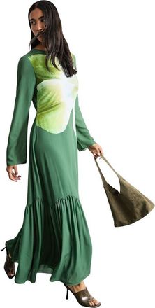 Warehouse Chiffon Placement Print Midaxi Dress in Dark Green at Nordstrom, Size 10