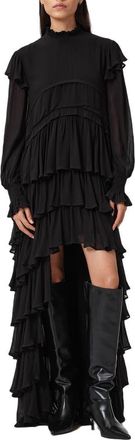 AllSaints Cavarly Ruffle Long Sleeve Maxi Dress in Black at Nordstrom, Size 6 Us