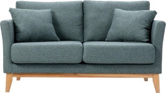 Miliboo Sof&aacute; N&oacute;rdico 2 Plazas Desenfundable De Tela Efecto Aterciopelado Verde Gris&aacute;ceo Y Madera Clara Oslo