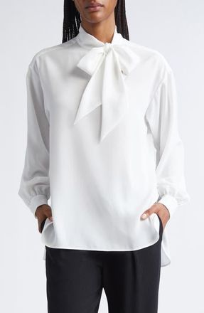 Emporio Armani Crepe Tie Neck Shirt in Solid White at Nordstrom, Size 14 Us