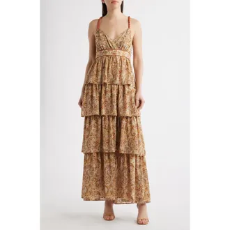 Mila Mae Tiered Open Back Maxi Dress in Brown Paisley at Nordstrom, Size X-Large