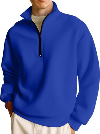 Generic Mens Half Zip Pullover Sweatshirt, Warm Fleece Lined Quarter Zip Jumper with Stand Collar, Casual Long Sleeve Top for Daily & Outdoor Wear Royal Blue