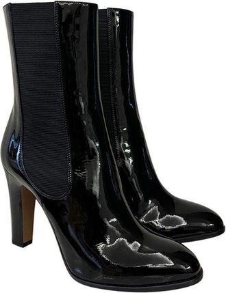 Chanel Black Patent Leather Ankle Boots Size 38.5