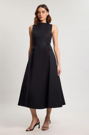 Karen Millen Womens Premium Cotton Tailored Fabric Belted Buckle Midi Dress - Black - Size 12 UK