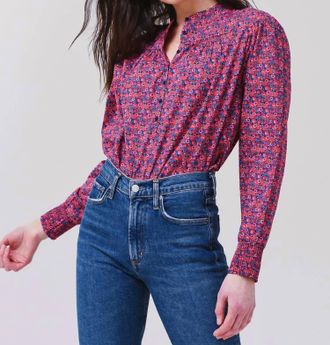BA&SH Freja Half-Button Placket Blouse In Red / Blue Multi