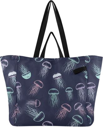 Generic Jellyfish Black pattern Reusable Canvas Tote Bag, Heavy Duty Grocery Shopping Bag with Large Capacity Hard Bottom Double Handles Work Groceries Travel