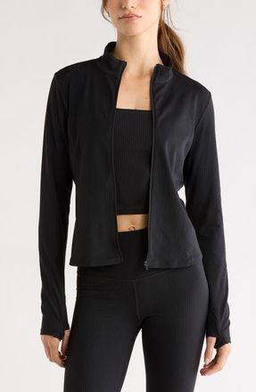 Zella Thrive Rib Knit Zip Front Sweatshirt in Black at Nordstrom, Size X-Small