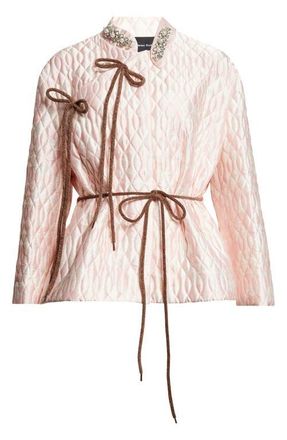 Simone Rocha Quilted Floral Offset Fragment Collar Jacket in Pink/Brown/Pearl/Clear at Nordstrom, Size 6 Us