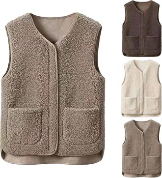 Generic Womens Teddy Fleece Gilet V Neck Zip Up Waistcoat Casual Sleeveless Vest Tops Winter Lightweight Solid Body Warmers Ladies Cozy Outdoor Fluffy Jacket 