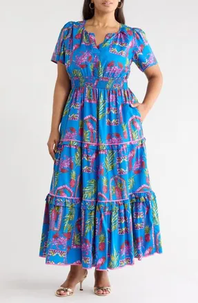 Sugarlips Bally Tropical Print Tiered Maxi Dress in Pink-Blue-Green at Nordstrom, Size 3X