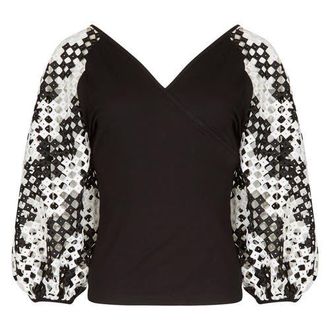 Anne Fontaine Womens Mirella Black V-Neck Top With Sheer Mesh Sleeves at Nordstrom, Size 38 Eu