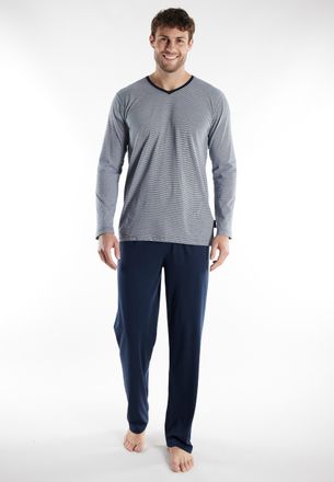 Tom Tailor Pyjama TOM TAILOR Nevada, Herren, Gr. 56 (XXL), blau (blau, dunkel, ringel), Single Jersey, Obermaterial: 100% Baumwolle, gestreift, bequem lang, V-Au