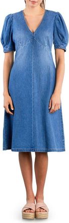 Wash Lab Denim Blossom Puff Sleeve Denim Dress in Malibu Blue at Nordstrom, Size X-Large