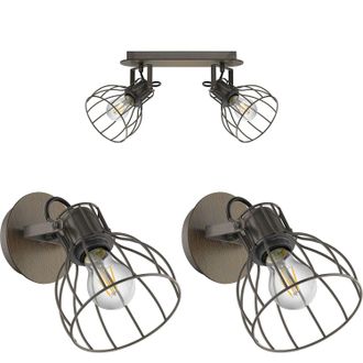 Loops Twin Ceiling Spot Light & 2x Matching Wall Lights Black Industrial Wire Shade