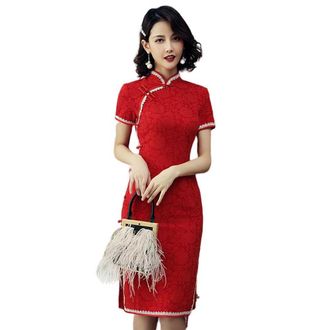 Generic Vintage Cheongsam Costume Traditional Mandarin Collar Side Slit Slim Fit Chinese New Year Party Maxi Midi Dress, 41 Red, L