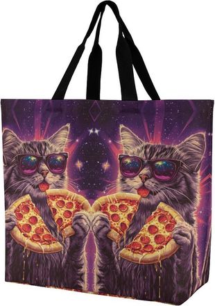 Generic Cat Pizza Large Reusable Shopping Bag Lightweight Foldable Tote Bags Washable Shoulder Handbag