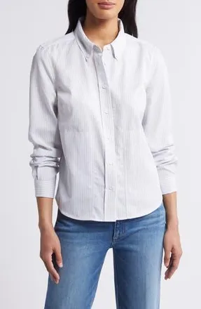 Wit & Wisdom Stripe Cotton Blend Button-Down Shirt in Grey/White at Nordstrom Rack, Size X-Small