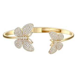 Rachel Glauber Rg 14k Gold Plated with Diamond Cubic Zirconia French Pave Butterfly Open Cuff Bangle Bracelet