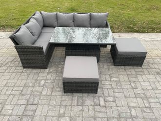 Fimous Outdoor Garden Furniture Set Wicker PE Rattan Height Adjustable Rising Lifting Table Sofa Dining Set with 2 Big Footstool in Dark Grey