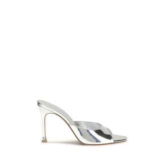 Amina Muaddi Silver Calf Leather Bos Taurus Stiletto Heel Womens Sandals