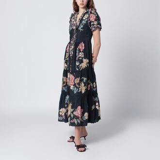 Farm Rio Dark Blue Midi Dress With Floral Pattern