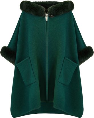 Yumi Green Cape With Luxe Fur Trim And Lining S/M Green