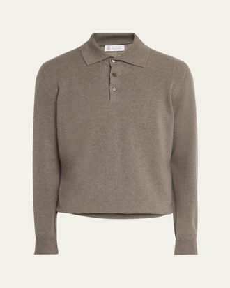 Brunello Cucinelli Mens Cashmere Knit Long-Sleeve Polo Shirt