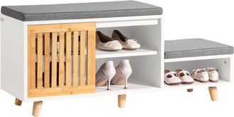 SoBuy Banco Zapatero Con 2 Estantes Y 1 Puerta Corredera Banco De 2 Niveles Con Coj&iacute;n Acolchado De Asiento 101 X 35 X 46 Cm Imagen De Producto Fsr125-wn Sob