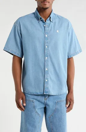 Carhartt Work in Progress Lucas Short Sleeve Cotton Denim Button-Down Shirt in Light Blue at Nordstrom, Size Xx-Large